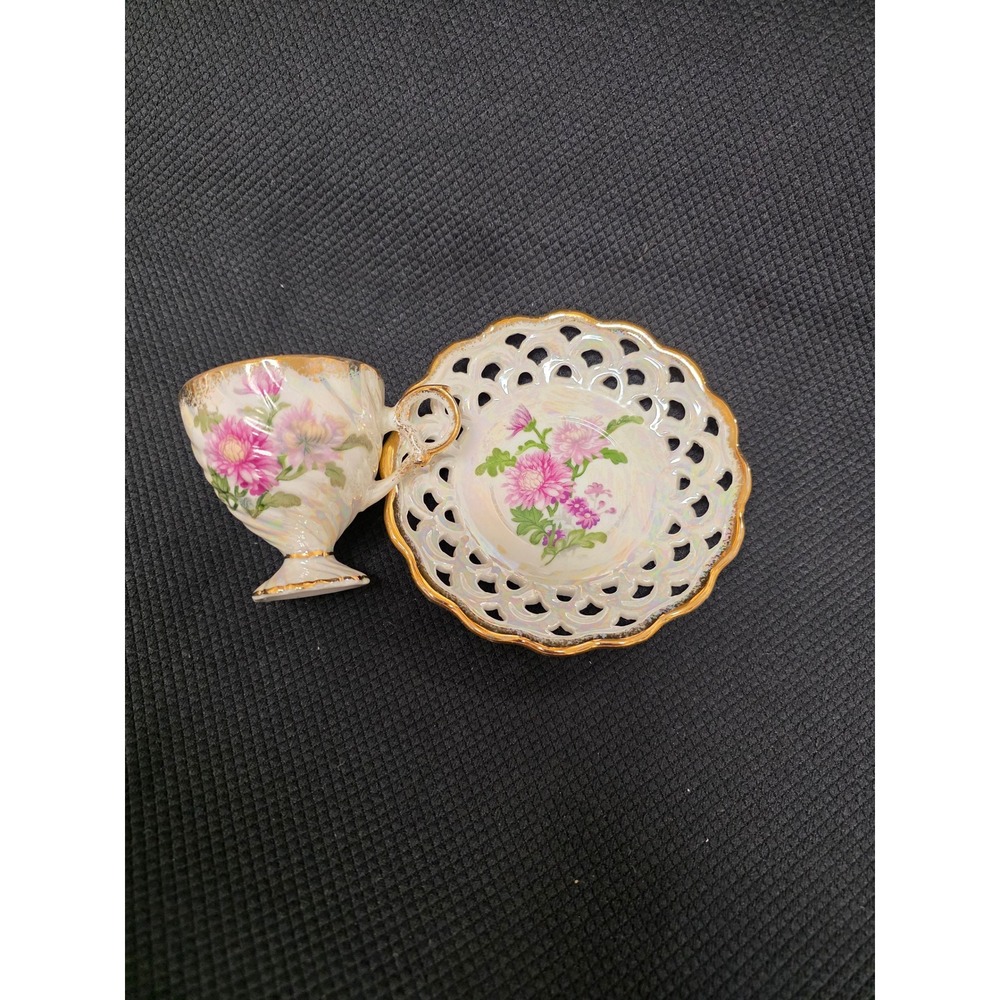 Vintage Lusterware Demitasse Cup Saucer Set Reticulated Porcelain Floral Japan